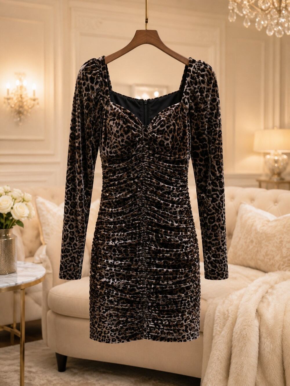 Adelyn Rae Leopard Print Velvet Ruched Mini Dress Sweetheart Long Sleeve NWT L
